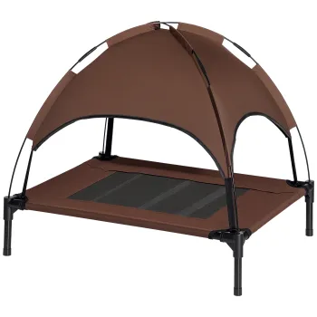 PawHut Pat inaltat pentru caini cu baldachin, pat pentru animale de companie, pat pentru caini de exterior cu acoperis, respirabil, material textil pentru camping Cafea 76 x 61 x 73 cm | Aosom Romania imagine