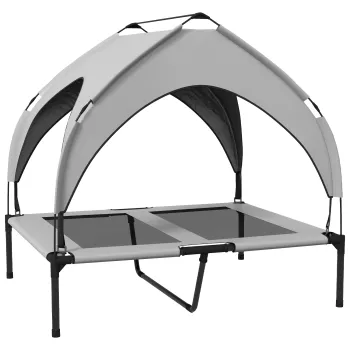 PawHut Pat pentru caini cu acoperis, respirabil, rezistent la apa, pana la 30 kg, 91 x 76 x 89 cm, Gri deschis | Aosom Romania imagine