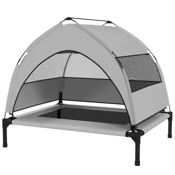 PawHut Pat pentru caini de exterior cu acoperis, Pat inaltat pentru caini de talie medie, cu cadru din otel, 76x61x70cm, Gri deschis | Aosom Romania imagine