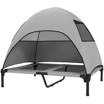 PawHut Pat pentru caini de exterior cu acoperis, pat ridicat pentru caini mari, 91 x 76 x 90 cm, gri deschis | Aosom Romania imagine