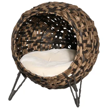 PawHut Pat pentru Pisici din Ratan de 52 cm, Casuta Ridicata Rotunda cu Perna, Maro | Aosom Romania imagine