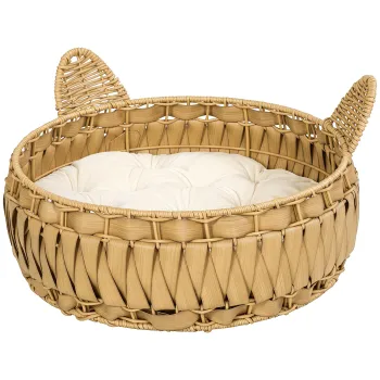 PawHut Pat pentru pisici din rattan cu perna detasabila, cos pentru pisici pana la 10 kg, 50 x 50 x 25 cm, Maro deschis | Aosom Romania imagine