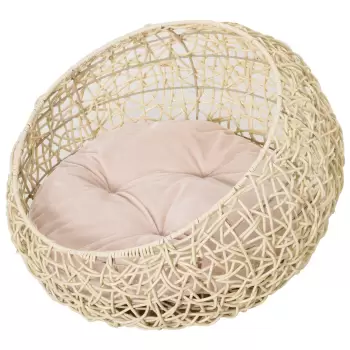 PawHut Pat pentru Pisici din Rattan cu Perna din Lin si Bumbac Bej ?56 x 35 cm imagine