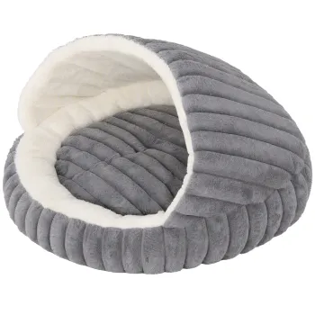 PawHut Pat pentru pisici pana la 5 kg rotund semideschis din plus cu efect de iepuras cu perna lavabila, gri | Aosom Romania imagine