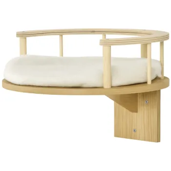PawHut Perete pentru Pisici, Pat pentru Pisici, cu Protectie, Perna, pentru Montare pe Perete, Stejar+crem, 34 x 34 x 10,5 cm | Aosom Romania imagine