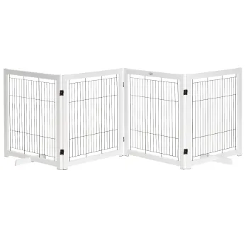 PawHut Poarta de protectie pentru caini cu picioare, 305 x 82 cm, lemn, pliabila, pentru protectie la scari, usi, holuri, 4 panouri, Alb | Aosom Romania imagine