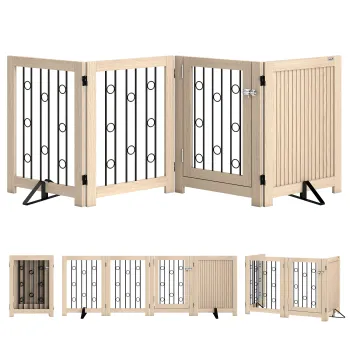 PawHut Poarta independenta pentru animale de companie, poarta pentru caini cu usa, 4 panouri, pentru hol, scara, intrare, MDF, otel | Aosom Romania imagine