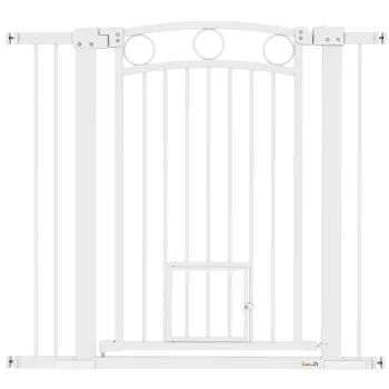 PawHut Poarta pentru animale de companie, 96 cm poarta pentru trepte, latime reglabila 76-104 cm, cu usa pentru pisici, pentru scari si deschideri de usi, alb | Aosom Romania imagine
