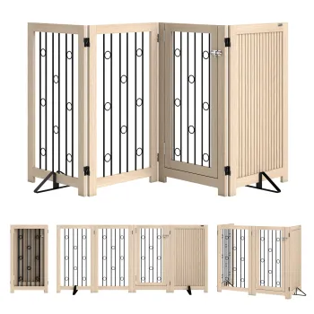 PawHut Poarta pentru animale independenta, poarta pentru caini cu usa, 4 panouri, pentru hol, scara, tocul usii, MDF, otel | Aosom Romania imagine