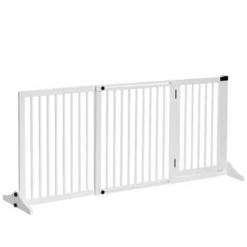 PawHut Poarta Reglabila din Lemn pentru Animale de Companie, Gard Independent pentru Caini pentru Usa, Hol, 3 Panouri cu Bariera de Siguranta, Usa Blocabila, Alb, 44,5