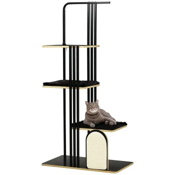 PawHut Pom de Joaca, Design Industrial, 3 Platforme, 2 Perne de Dormit, Placa de Zgariat, Structura din Otel, negru, 85 x 48 x 170 cm | Aosom Romania imagine