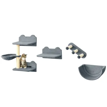 PawHut Pom pentru pisici traseu pe perete complet 4 bucati zgarier hamac platforma sisal plus gri | Aosom Romania imagine
