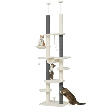 PawHut Pom pentru zgariere, inalt de tavan, ajustabil 225-255 cm, Platforme & Hamace, Sistem de protectie anti-rasturnare, Alb | Aosom Romania imagine