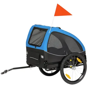 PawHut Remorca pliabila pentru caini cu reflectoare, ferestre din plasa, roti, usa, stegulet de siguranta pentru caini pana la 20 kg 138x70x89 cm Albastru | Aosom Romania imagine