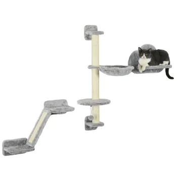 PawHut Set de 3 piese Catarat pe Perete pentru Pisici cu Hamac Rampa cu Zgarietor Platforma in Forma de Nor Gri | Aosom Romania imagine