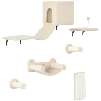 PawHut Set de Catarare pentru Pisici de Perete 6 Piese cu Condominiu Platforma Hamac Scari si Placa de Zgariat Bej | Aosom Romania imagine