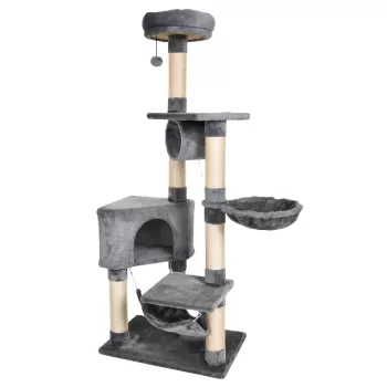 PawHut Stalp de zgarieturi pentru Pisici cu Cusca Hamac Patucuri Suspendate si Stalpi din Franghie Sisal Gri 60x40x154cm imagine