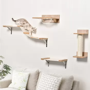 PawHut Suport de ascutit Gheare pentru Pisici, Set 4 Bucati cu Hamac, forma de Coloana din Lemn si Sisal, Maro imagine