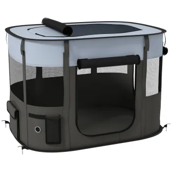 PawHut Tarc de Joaca pentru Animale de Companie cu 7 Ferestre, 3 Usi si 2 Pungi de Depozitare, Gard pentru Caini din Tesatura si Otel Oxford, 84x64x53 cm, Negru imagine