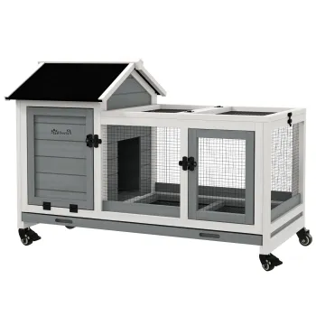 PawHut Tarc pentru Iepuri cu 2 Usi si Lacate, pe Roti, Lemn Masiv, 108x58x73,5 cm | Aosom Romania imagine