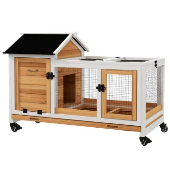 PawHut Tarc pentru iepuri pe roti 2 usi cu zavoare, 108 x 58 x 73,5 cm, lemn masiv galben | Aosom Romania imagine