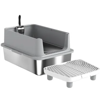PawHut Tava XL pentru litiera din otel inoxidabil, Pereti laterali inalti, Pedala si covoras filtrant, Lopata, 60,2x40,2x29,6cm, Gri | Aosom Romania imagine