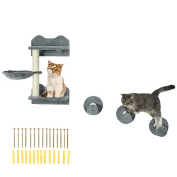 PawHut Trepte de Catarat, Perete de Catarat, Scara de Pisici, Set de 4 Piese, cu Copaci de Zgariat, Hamaca, gri+crem, 40 x 28 x 73 cm | Aosom Romania imagine