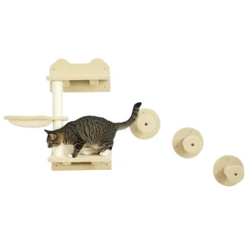 PawHut Trepte de catarat, Perete de catarat, Treapta pentru pisici, set format din 4 piese, cu copaci de zgariere, hamac, bej+creme, 40 x 28 x 73cm | Aosom Romania imagine