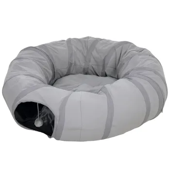 PawHut Tunel pentru pisici interior, tunel rotund cu pat si perna, pliabil, cu gauri pentru mingi si vizor, O 90 x 27 cm gri | Aosom Romania imagine
