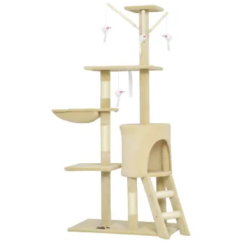 PawHut Turela pentru pisici cu casuta, stalp de ascutit gheare, platforme si 4 soricei, din lemn, plus si sisal, 50x35x134.2 cm, gri | Aosom Romania imagine