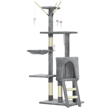 PawHut Turela pentru pisici cu casuta, stalp de ascutit gheare, platforme si 4 soricei, din lemn, plus si sisal, 50x35x134.2 cm, gri | Aosom Romania imagine