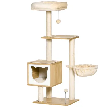 PawHut Zgarietoare pentru Pisici cu 2 Stalpi, Casuta, Hamac, Pat si 2 Mingi | Aosom Romania imagine