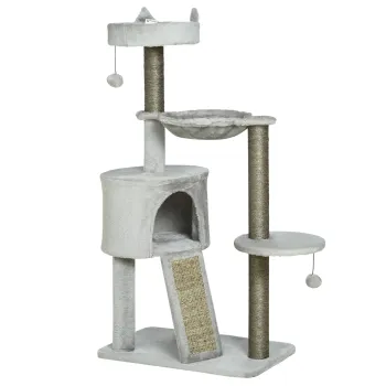 Pawhut zgarietor incl. casuta pentru pisici, pat pentru pisici, hamac si jucarie 60 cm x 40 cm x 113 cm, Gri deschis | Aosom Romania imagine