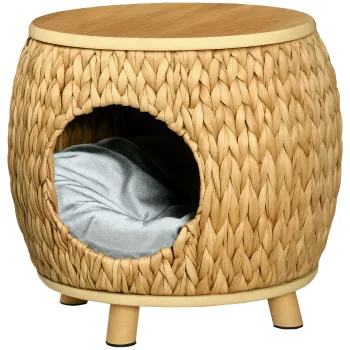 Pestera pentru pisici Pawhut din Iarba de Apa, Perna lavabila, 44 cm x 43 cm x 42 cm Maro deschis + Lemn natural + Gri | Aosom Romania imagine