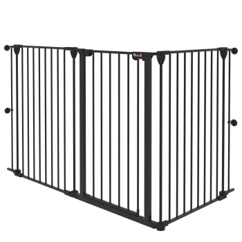 Poarta pentru caini cu 3 panouri PawHut cu sistem dublu de inchidere, bariera medie pentru caini pentru scari, usi, holuri, 206x90cm, de culoare negru imagine