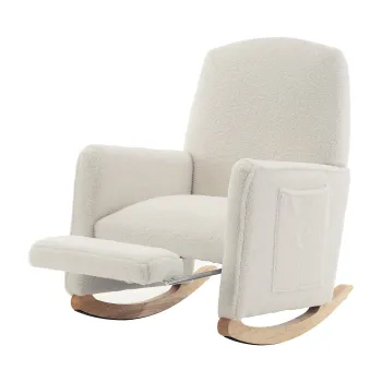 Scaun balansoar cu taburet, fotoliu de relaxare cu spatar inalt, material Teddy, 67x96-127x96 cm, Alb imagine