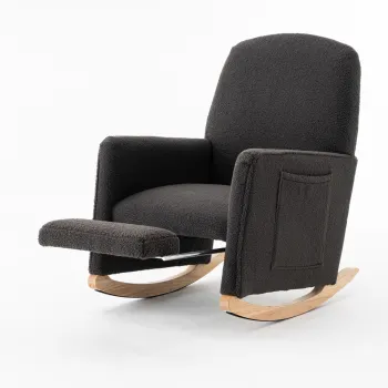 Scaun balansoar cu taburet, fotoliu de relaxare cu spatar inalt, material Teddy, 67x96-127x96 cm, Gri inchis imagine