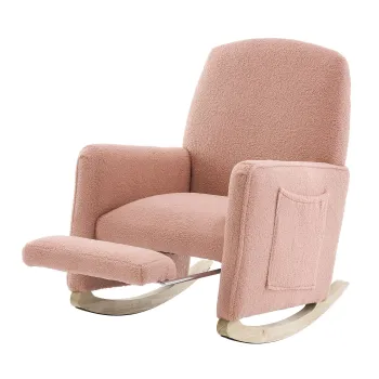 Scaun balansoar cu taburet, fotoliu de relaxare cu spatar inalt, material Teddy, 67x96-127x96 cm, Roz imagine