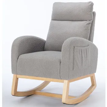 Scaun balansoar modern din material Teddy, cu sezut captusit si buzunar lateral ascuns, pentru living si dormitor, 71x88x104,5 cm, Gri deschis imagine