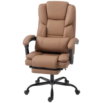 Scaun de birou ergonomic HOMCOM reclinabil 140? cu reposapiede si perna, scaun de birou din piele ecologica anti-zgarieturi, usor de curatat, brate imbunatatite, pivotant si reglabil pe inaltime, maro | Aosom Romania imagine