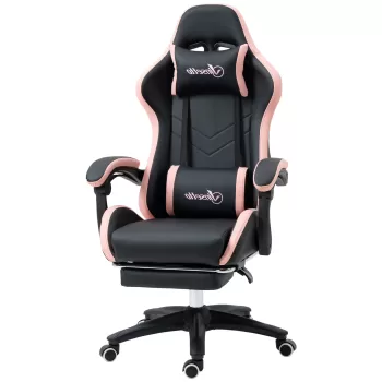 Scaun de gaming din piele ecologica PU si otel cu inaltime reglabila si spatar inclinabil, 65x65x121-129 cm, roz si negru | AOSOM RO imagine