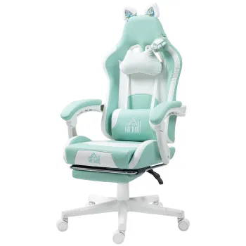 Scaun de Gaming Reclinabil HOMCOM cu Suport pentru Picioare si Perne, din Piele Artificiala si Spuma, 65x62x116-124 cm, Albastru si Alb | Aosom Romania imagine