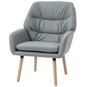 Scaun Decorativ Modern HOMCOM, Fotoliu Tapitat cu Leathaire cu Dublu Strat de Umplutura, Cadru de Otel si Picioare de Lemn de Cauciuc pentru Sufragerie, Dormitor, Gri | Aosom Romania imagine