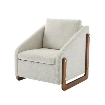 Scaun modern de accent pentru living, fotoliu cu brate din lemn si perna pentru spate, material chenille, 73,5x73,5x73,5 cm, Bej imagine