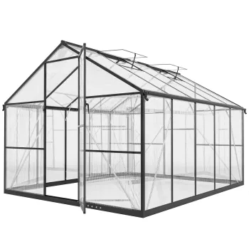 Sera de gradina Outsunny din aluminiu si policarbonat, 7,5m^2, cu usa cu balamale, 2 ferestre reglabile, sistem de drenaj, anti-UV, 304x247x205cm, negru | Aosom Romania imagine