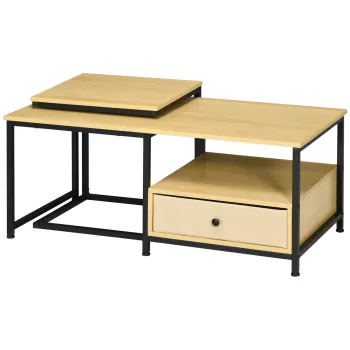 Set 2 piese HOMCOM cu masuta de cafea si masa laterala in forma de C din otel si PA, culoarea lemnului imagine