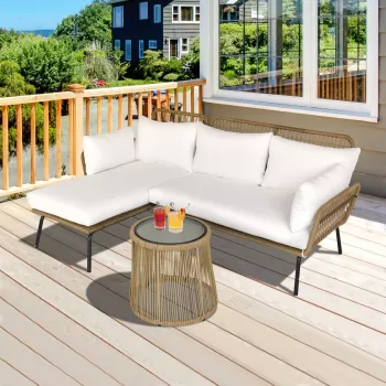Set 3 Piese Mobilier de Gradina Outsunny din Ratan, Canapea, Sezlong si Masuta, Bej, Cafeniu | Aosom RO imagine