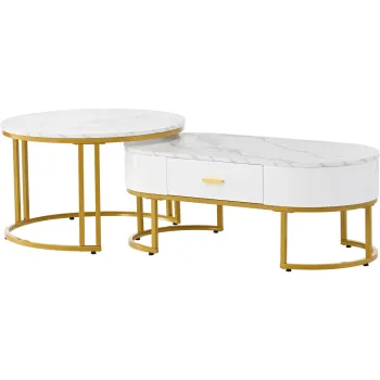 Set de 2 Masute de Cafea Moderne cu Structura din Metal Auriu si Rafturi Spatioase, Dimensiuni 100x48x38,5 cm si 70x70x44,5 cm, Alb imagine