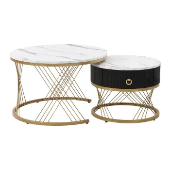 Set de 2 Masute de Cafea Moderne Modulare din Marmura Sintetica cu Detalii Aurii si Sertare, Dimensiuni 70x70x45 cm si 50x50x40 cm, Alb imagine