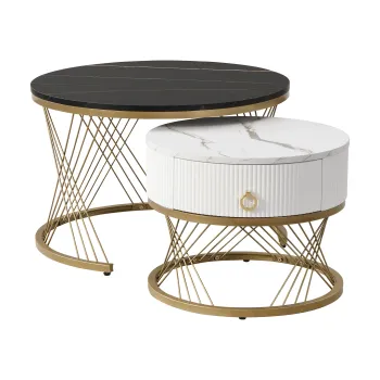 Set de 2 Masute de Cafea Moderne Modulare din Marmura Sintetica cu Detalii Aurii si Sertare, Dimensiuni 70x70x45 cm si 50x50x40 cm, Negru imagine